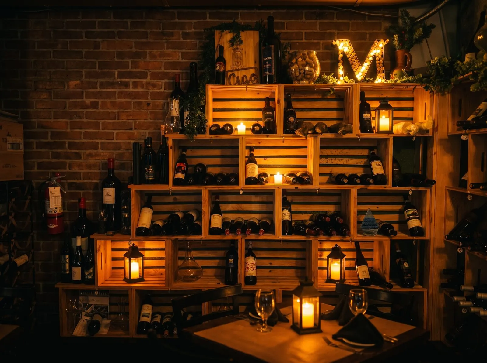 The wine wall at Macaluso’s, crates of bottles glowing under lantern light.